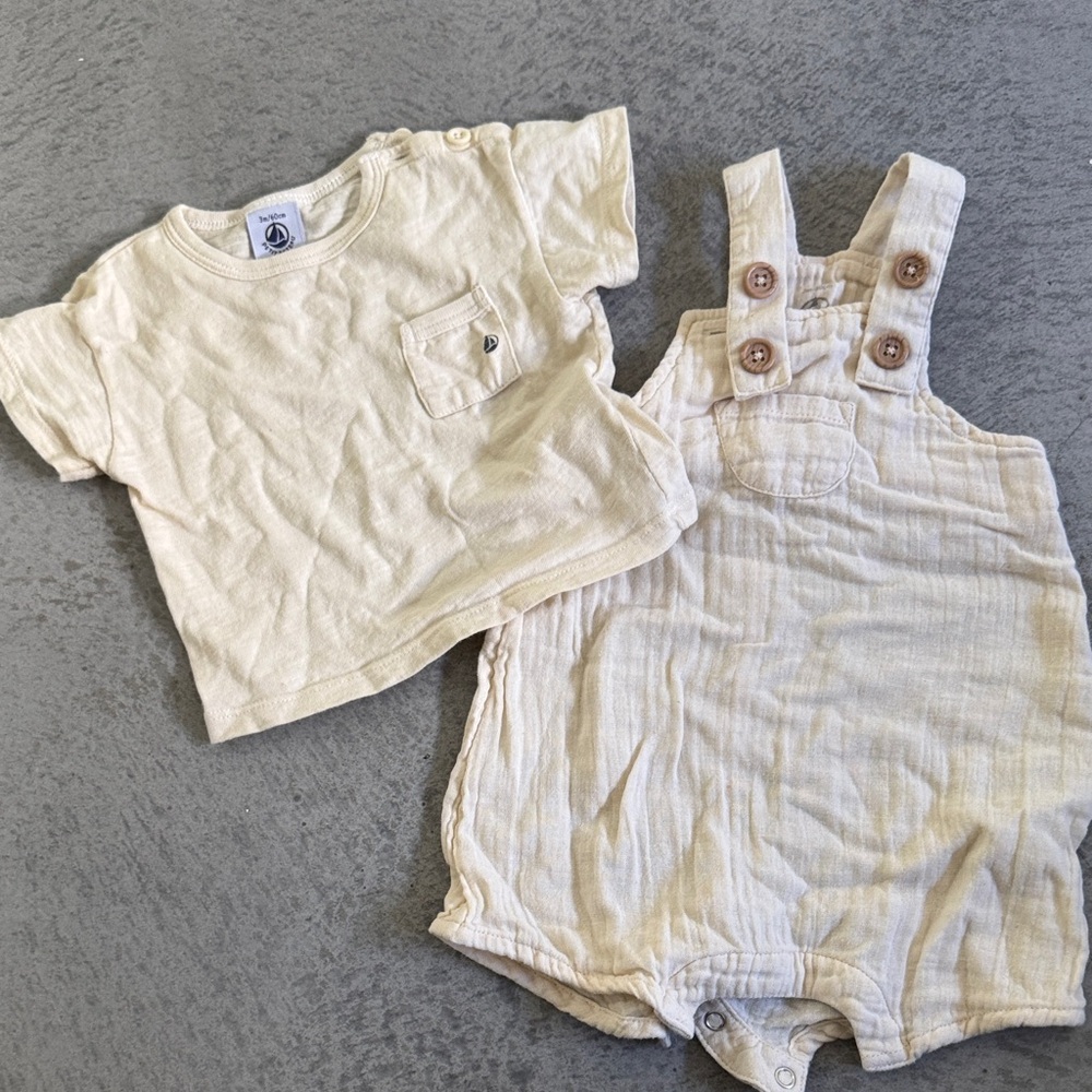 Petit Bateau Cream Baby Shirt and Overall Set